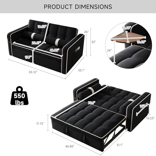 3 in 1 Sleeper Sofa Bed - Convertible Love Seat Couch with Side Table, Tufted Futon Sofa w/Pullout Bed, Adjustable Backrest, Cylinder Pillows