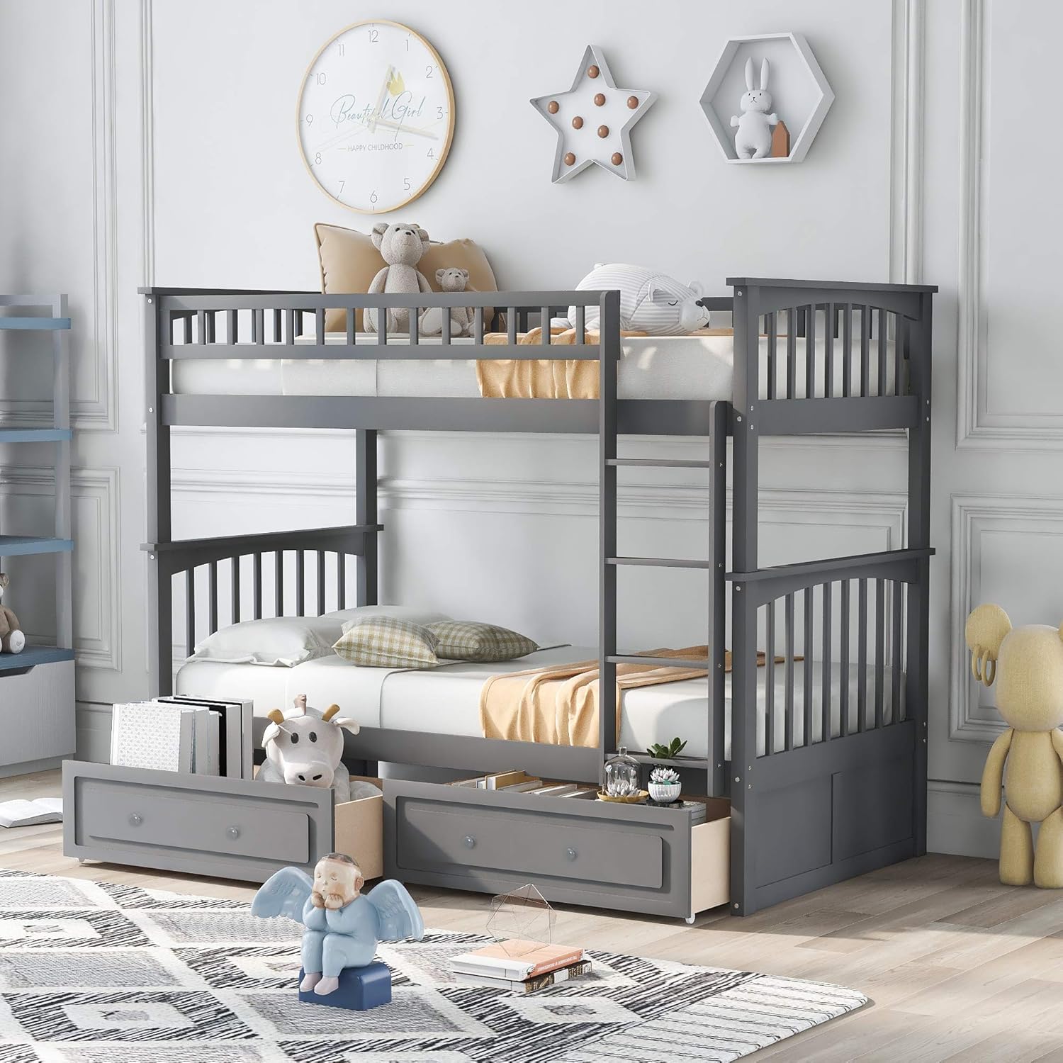 COODENKEY Twin Over Full Bunk Bed with Safety Guardrails & Ladder,Can be Separated,No Box Spring Needed, Perfect for Kids Bedroom, 78.7×55.9×62.3
