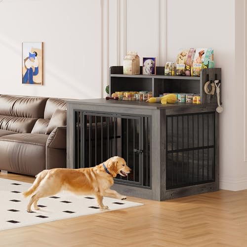 IRONCK Extra Large Dog Crate Furniture, 43.3 inches Wooden Dog Crate with Storage and 4 Hooks, Heavy Duty Pet Crate for Large Dog
