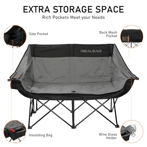 REALEAD Heated Double Camping Chair, 3 Heat Levels and 4 Heating Zones, Portable Heated Loveseat Chair for Outdoor Sports Support 650lbs