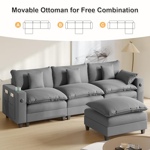 Modular Sectional Sofa, Cloud Couch with Ottoman, Charging Station, Throw Pillows, Cup Holders, Modern Convertible U Shaped Couches for Living Room