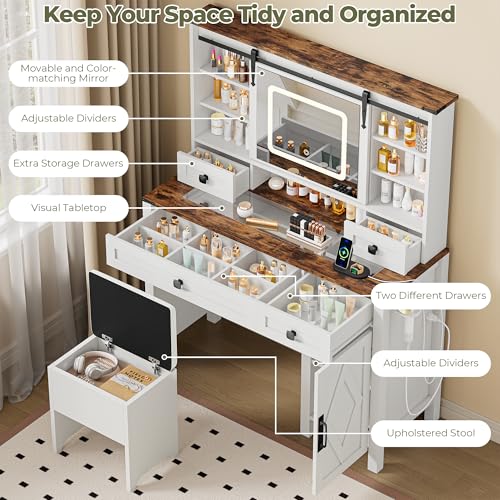 IRONCK Farmhouse Vanity Desk with Sliding Mirror & Lights, Glass Top Makeup Vanity Table with Power Outlet, 3 Color Lighting Modes