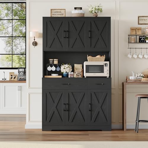 HOSTACK 71" Pantry Cabinet with Charging Station, Tall Kitchen Pantry Storage Cabinet with Microwave Stand