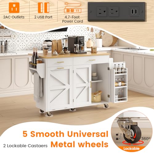 51.8" Kitchen Island Cart with Trash Can Storage, Kitchen Island on Wheels with Power Outlet & Drop Leaf