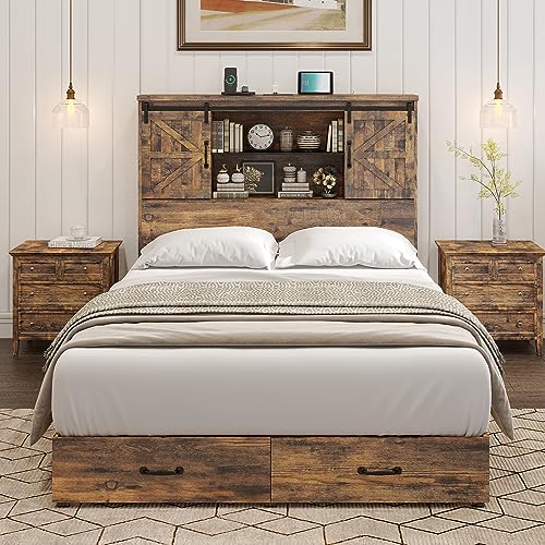HOWE King Size Bed Frame, Wood Platform Bed Frame with 51.2" Bookcase Headboard, Storage Bed with Sliding Barn Door Charging Station 2 Drawers