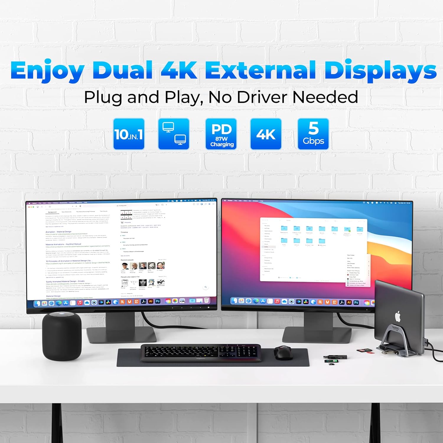 USB C Docking Station Dual Monitor for MacBook Pro/Air, USB C Dock Dual HDMI, USB C HUB with Vertical Stand for Mac