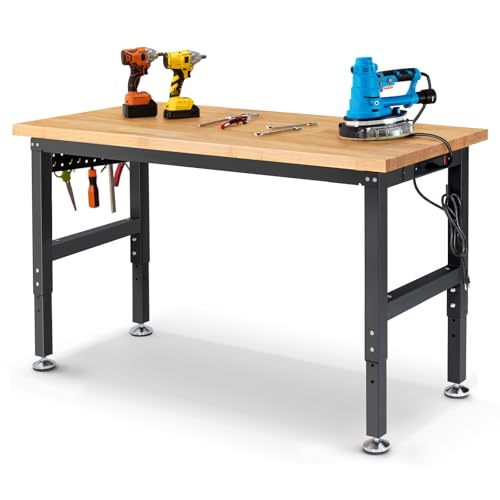 Workbench for Garage 48 Inch Work Bench Table Adjustable Height Rubberwood Tabletop Work Table with Power Outlets for Woodworking Shop Home Office