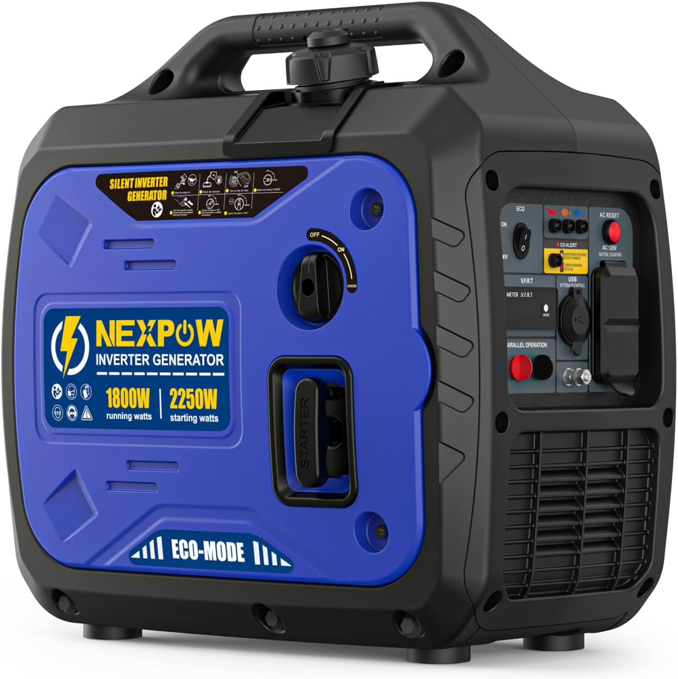 NEXPOW Portable Inverter Generator, 2250W Super Quiet Generator with CO Alarm Ideal,Eco-Mode Feature, Parallel Capability,EPA Compliant