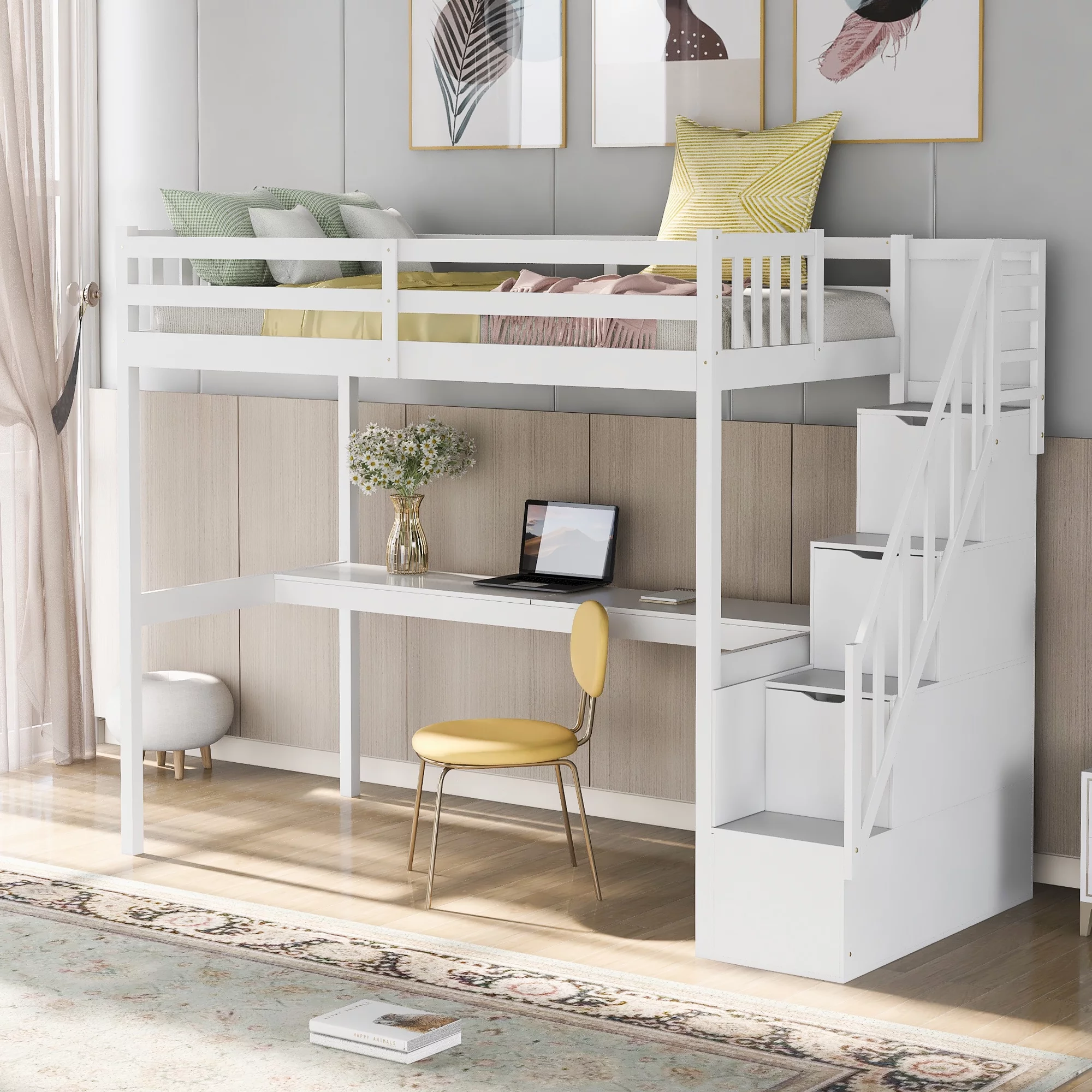 EUROCO Twin Size Loft Bed with Storage Staircase and Built-in Desk, White