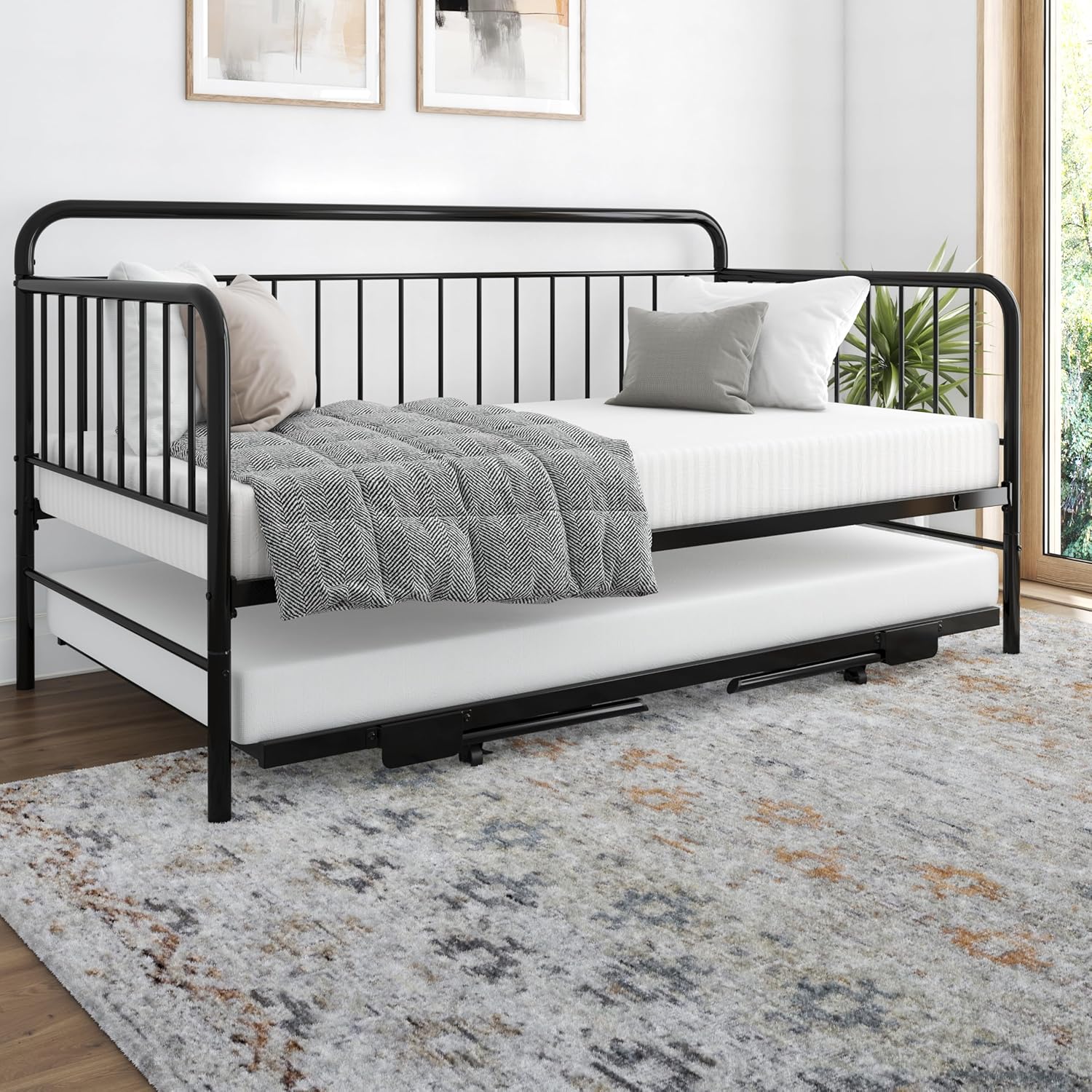 DHP Oddny Metal Daybed with Pop Up Trundle Bed, Twin, Black