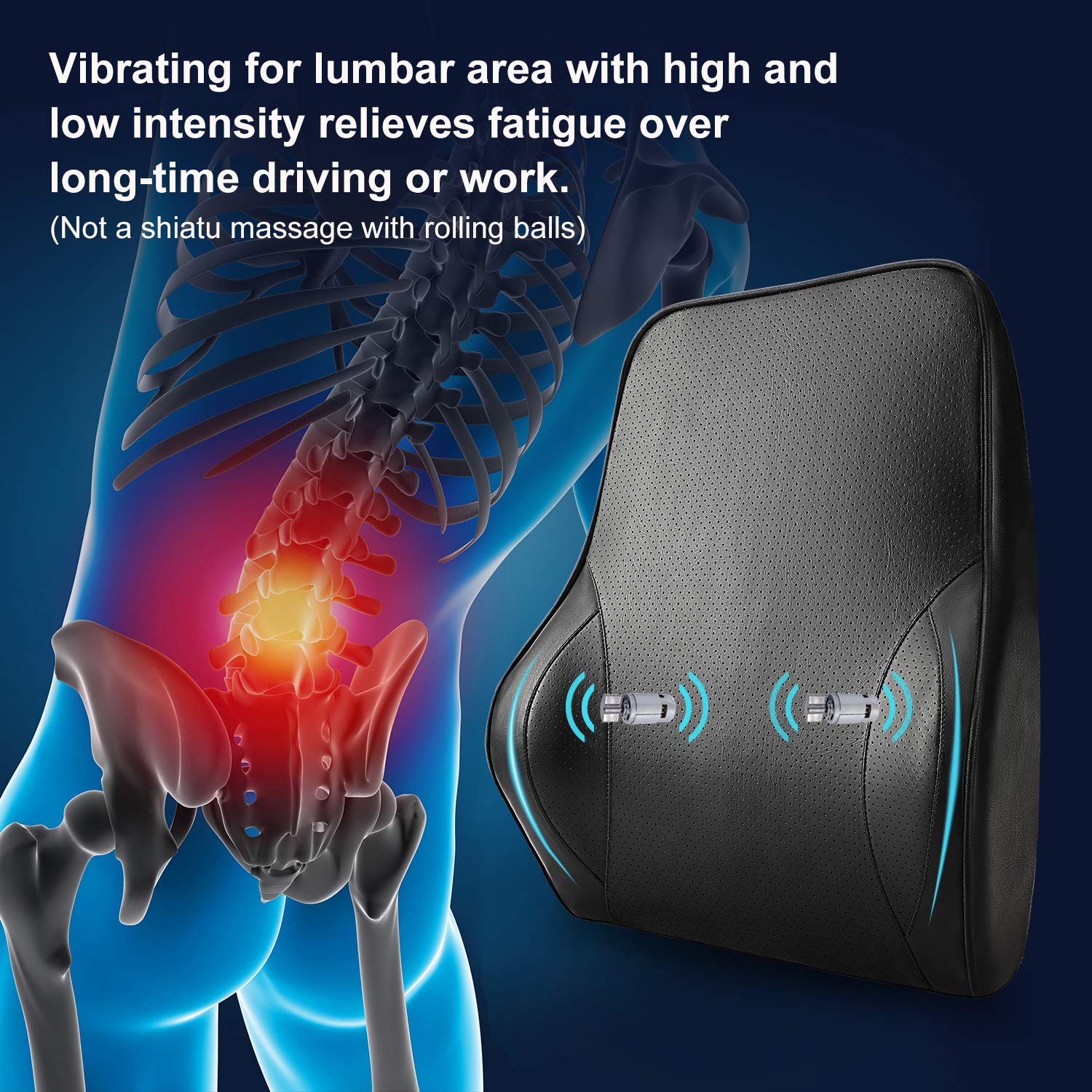 SEG Direct Lumbar Support Pillow, Back Cushion with Vibrating Motors for Back Pain Relief, Premium Memory Foam With Breathable Leather