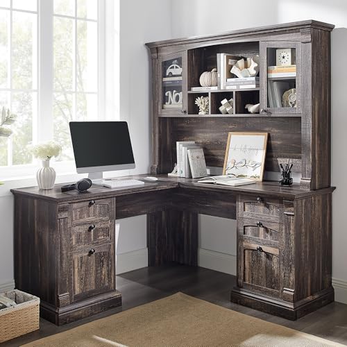 OKD 60" Executive Desk with Drawers, Farmhouse Home Office Desk with Charging Station, Keyboard Tray, File Cabinet Storage