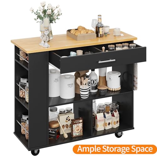 Shintenchi Rolling Kitchen Island Cart with Folding Drop Leaf Breakfast Bar, Portable Trolley Island with Large Storage Cabinet, Shelf and Drawer
