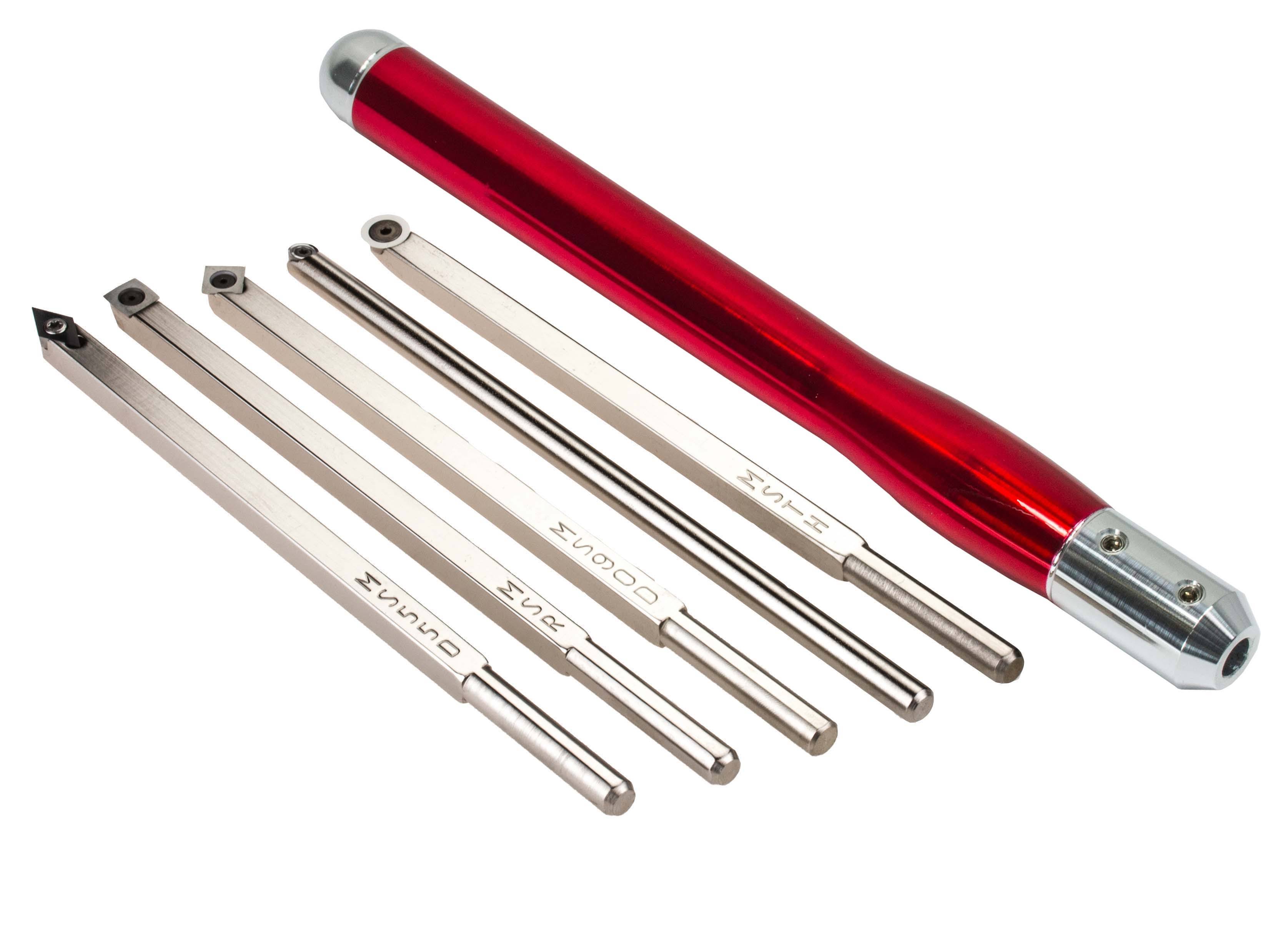 Mid Size Package of 5 Carbide Simple Woodturning Tools with Interchangeable Lathe Tool Handle, Size: 2 inch Radius, Red