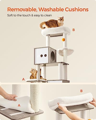 Feandrea Cat Tree with Litter Box Enclosure, 2-in-1 Modern Cat Tower, 70.8-Inch Tall Cat Condo with Scratching Posts, Perch, Caves, Basket