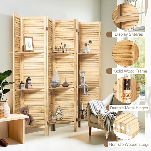 Osparple Room Divider with Shelves 6 Panel Wooden Folding Room Dividers Privacy Screen Wall Divider for Room Separation for Office and Apartment