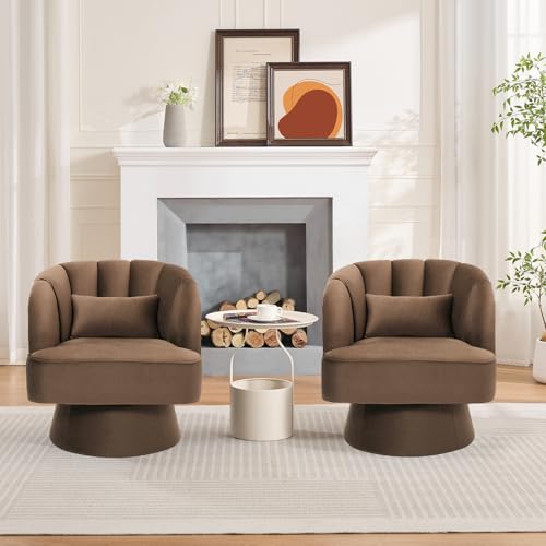 GarveeHome Modern Swivel Barrel Accent Chair, 360° Teddy Fabric Upholstered Armchair with Striped Backrest & Plush Padding