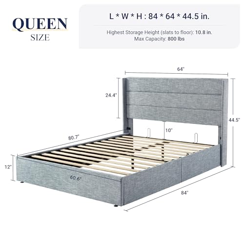 Allewie Full Size Lift Up Storage Bed, Modern Wingback Headboard, Hydraulic Support, No Box Spring Needed, Light Beige