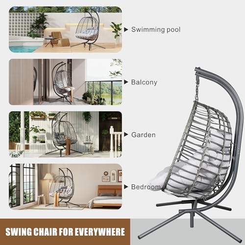 HWB Hanging Egg Chair with Stand, Patio Wicker Hammock Egg Swing Chair with Cushion for Bedroom Garden Indoor Outdoor (Beige)