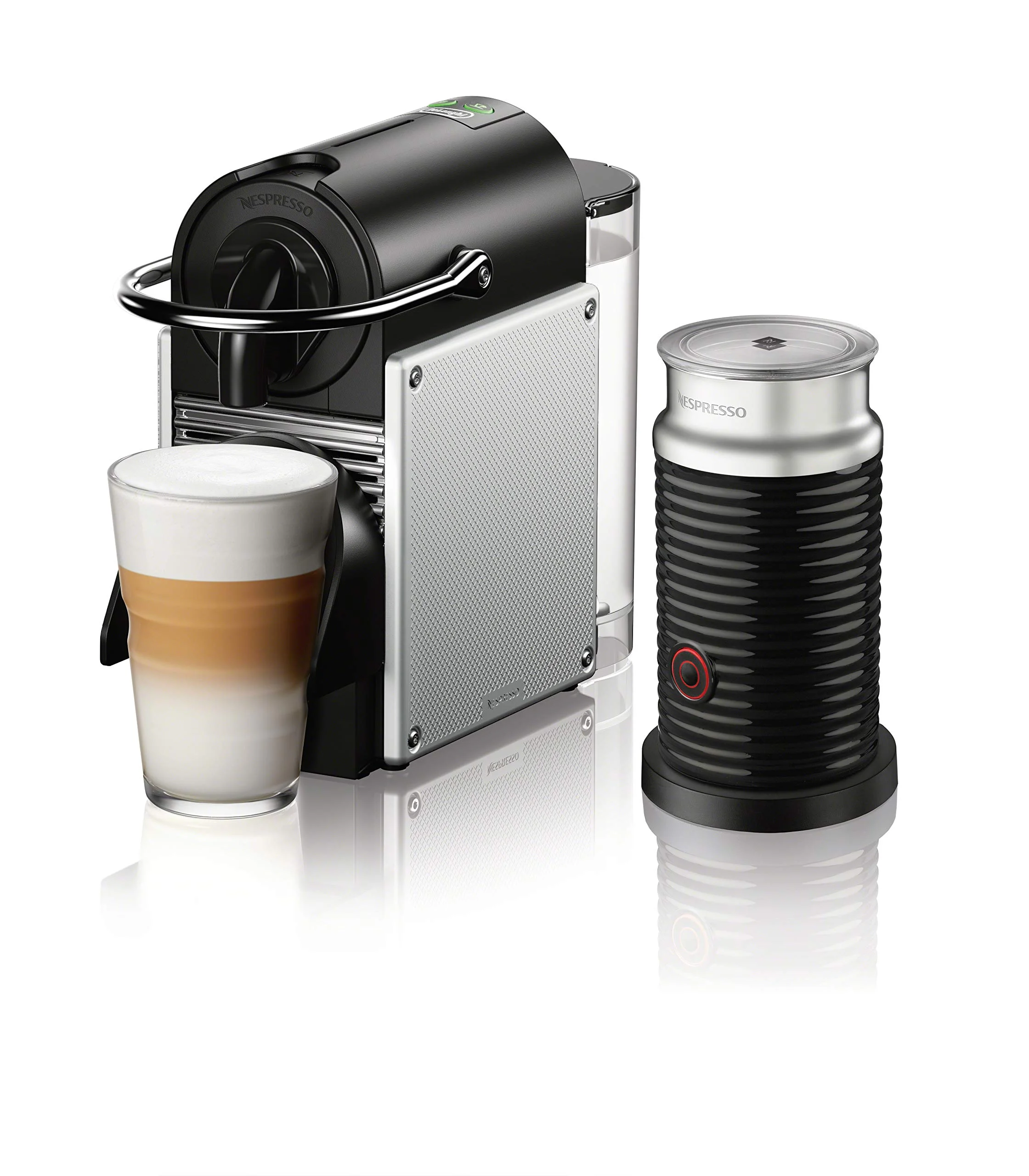 Nespresso by De'Longhi Pixie Single-Serve Espresso Machine with Simplified Water Tank in Aluminum and Aeroccino Milk Frother in Black