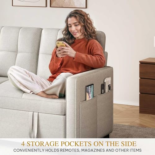 DWVO 55" Convertible Sofa Bed, 3-in-1 Sleeper Sofa with Pull-Out Bed, Linen Futon Couch with Adjustable Backrest and Side Pocket