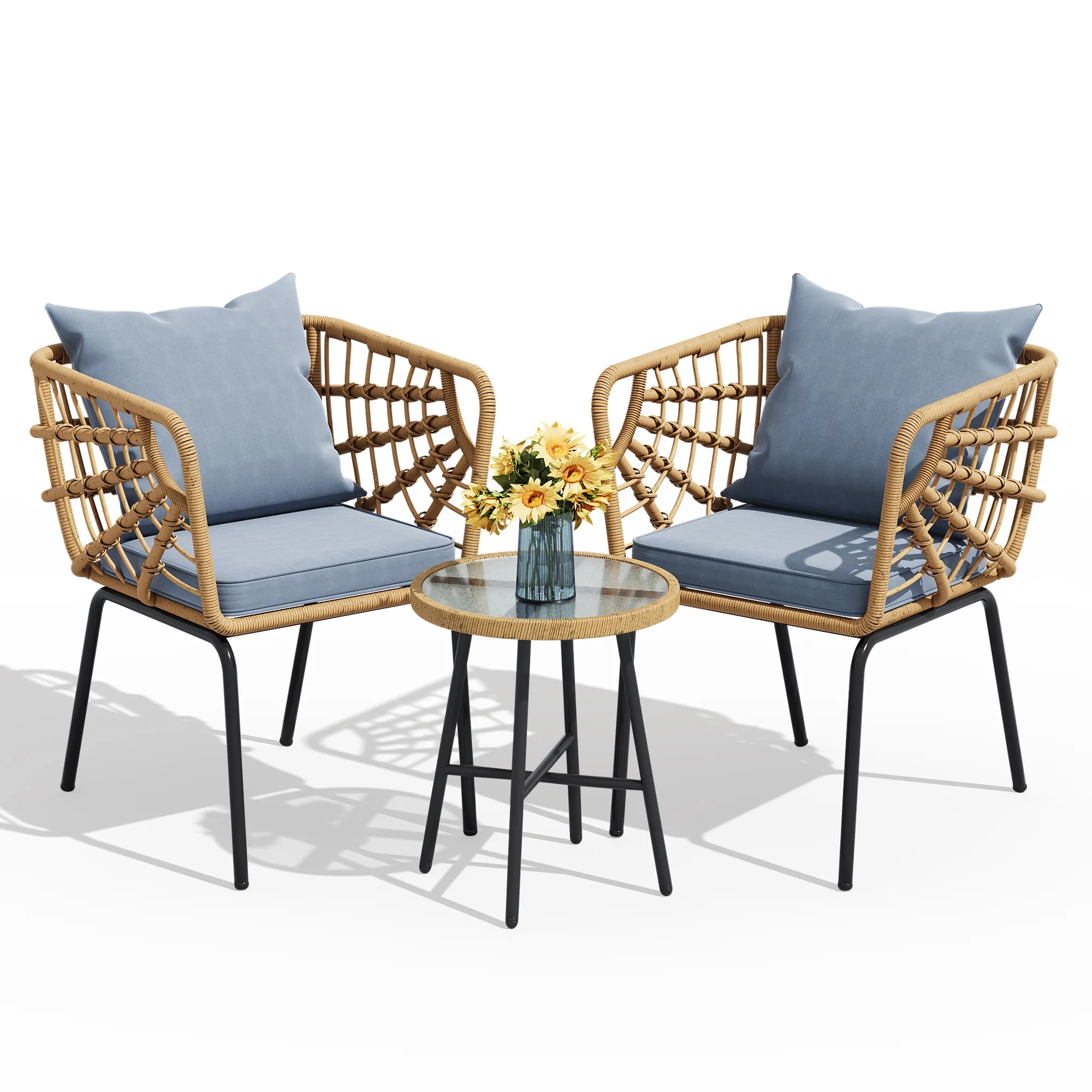 Dextrus 3-Piece Outdoor Patio Furniture Wicker Bistro Set, With 2 Chairs and Coffee Table,Cushions and Lumbar Pillows-Gray