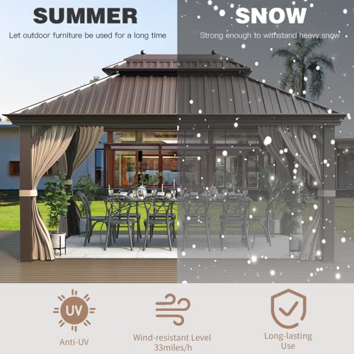 EROMMY 12'x20' Hardtop Gazebo Double Roof Galvanized Steel Canopy Outdoor Aluminum Frame Permanent Metal Pavilion with Netting and Curtains for Patio
