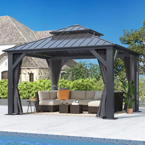 12'x12' Hardtop Gazebo, Outdoor Double Roof Galvanized Steel Gazebos, Aluminum Frame Permanent Pavilion with Curtains & Netting for Backyard, Patio
