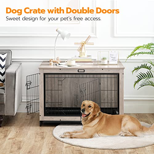 HOOBRO Dog Crate Furniture, 38.6" Large Dog Kennel Indoor, Wooden Cage with Pull-Out Tray
