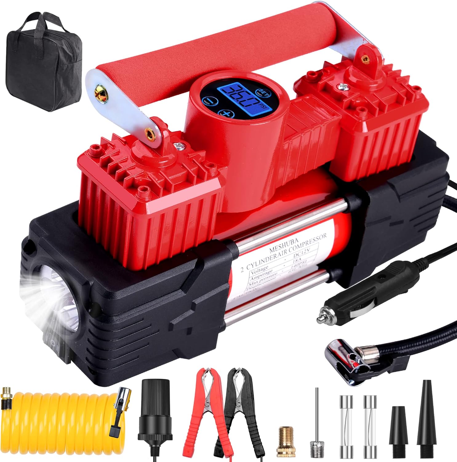 MESHUBA Double Cylinder Air Compressor Portable Heavy Duty Tire Inflator with Digital Gauge and Emergency LED Light 12V DC Car Pump Auto Shut-off for