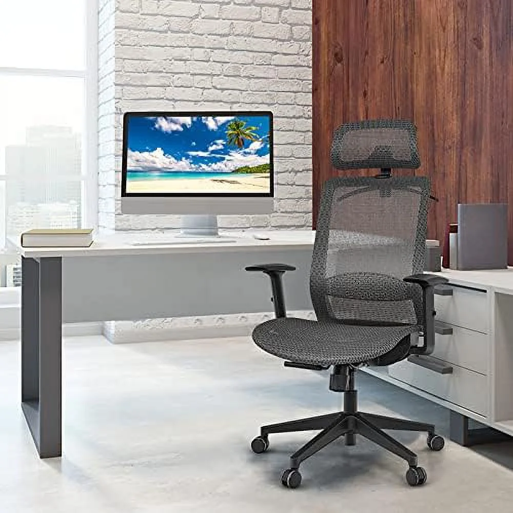 TJUNBOLIFE Ergonomic Mesh Office Chair  Swivel Executive Chair with Reclining High Backrest  Rotatable Headrest  Clothes Hanger and Lumbar Support