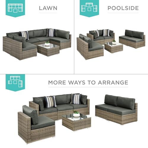 Best Choice Products 7-Piece Modular Outdoor Sectional Wicker Patio Conversation Set w/ 2 Pillows, Coffee Table, Cover Included - Gray/Navy