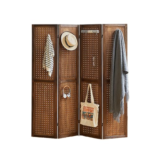 4 Panel Room Dividers and Folding Privacy Screens, 5.6Ft Wooden Pegboard Display, Privacy Dividers for Bedroom