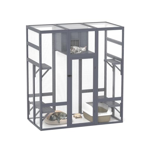 COZIWOW 70Inches Large Stable Spacious Wooden Catio Outdoor Cat Enclosure with Perches and Condos, Cat Cage Indoor with Waterproof Roof