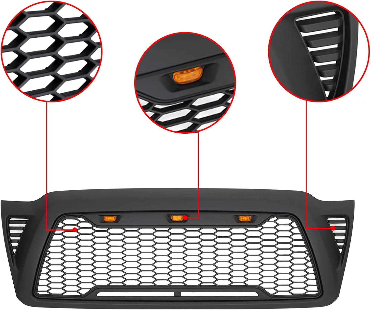Mesh Grille Front ABS Grill For Toyota Tacoma 2005-2011 Mesh Grill with 3 LED lights (Matte Black)