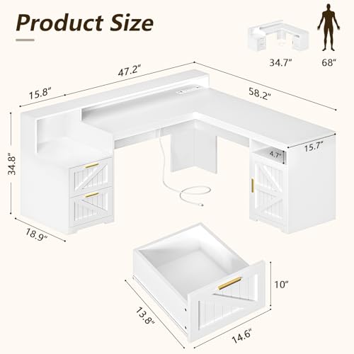 63" Farmhouse L Shaped Executive Desk with Drawers & Storage Shelf, Corner Computer Desk with Power Outlets, L Shaped Office Desk with Monitor Stand