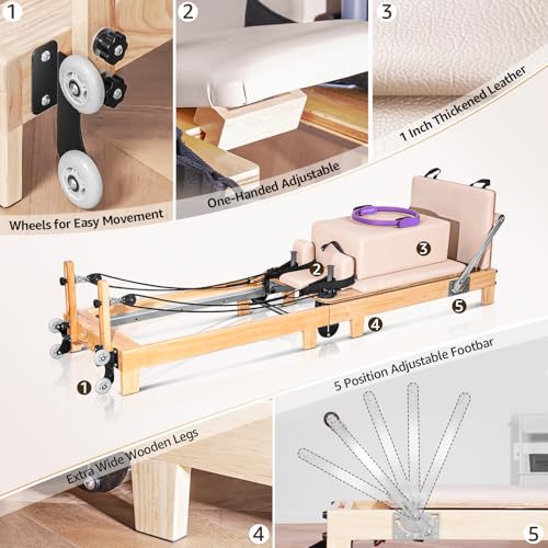 Pilates Reformer Machine, Quick-Assembly Foldable Studio Grade Pilates Equipment for Gym and Home, Oak Wood Pilates Reformer with Reformer Accessories