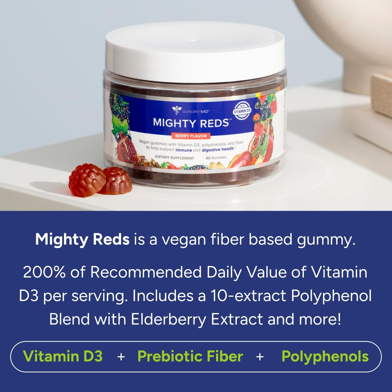 Gundry MD Mighty Reds Gummies, Gluten Free Soy Free Multivitamin Supplement Chews with Polyphenols, Antioxidants, Prebiotic Fiber, and Vitamin D