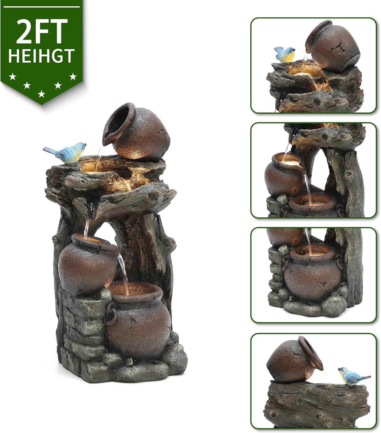 LuxenHome 25.6" Rustic Pots and Pitchers on Tree Resin Outdoor Fountain with LED Lights Fountains and Waterfalls Decor for Patio Yard Garden Water