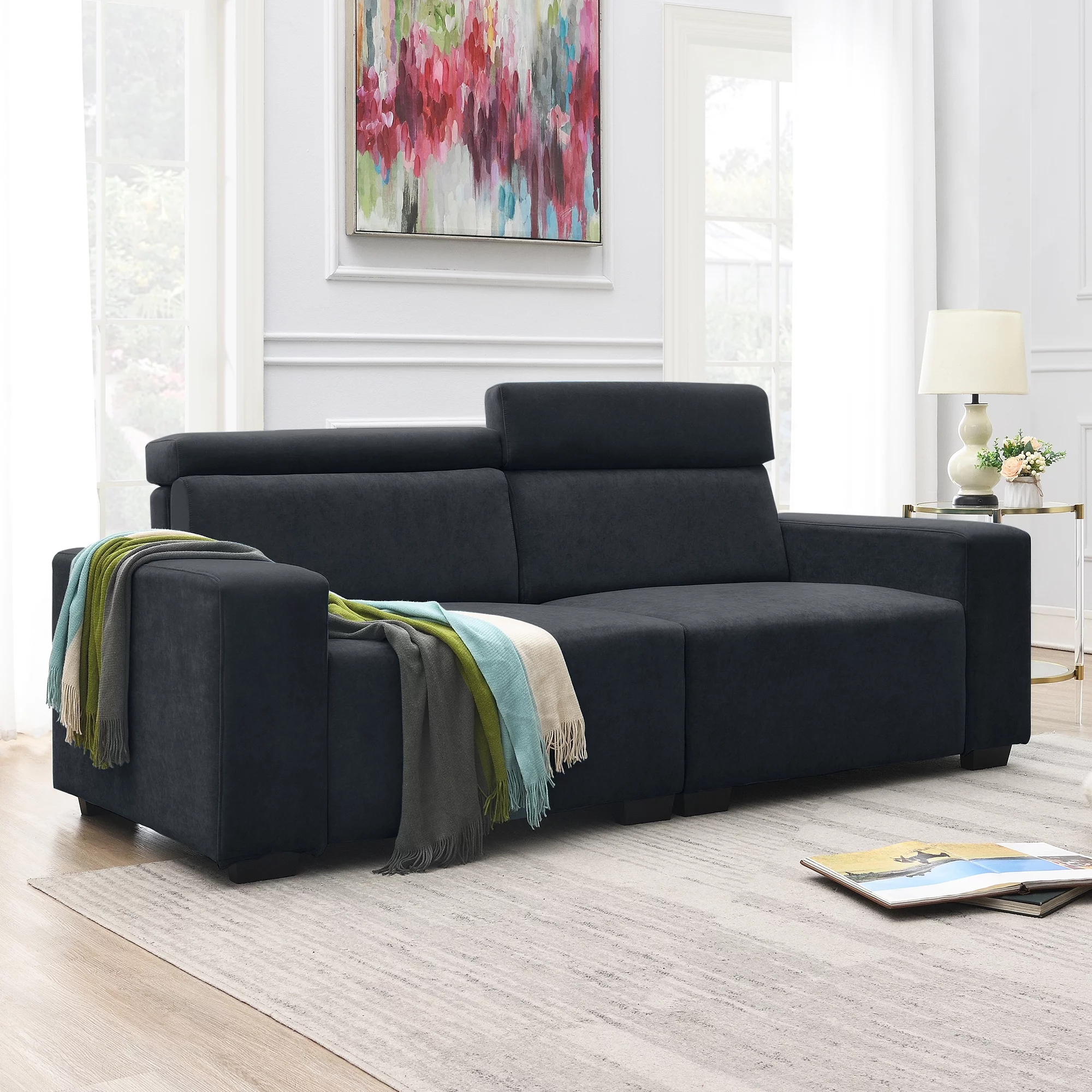 Soges 87" Velvet Loveseat Modern 2-Seater Sofa Couch with Multi-Angle Adjustable Headrest for Living Room, Black