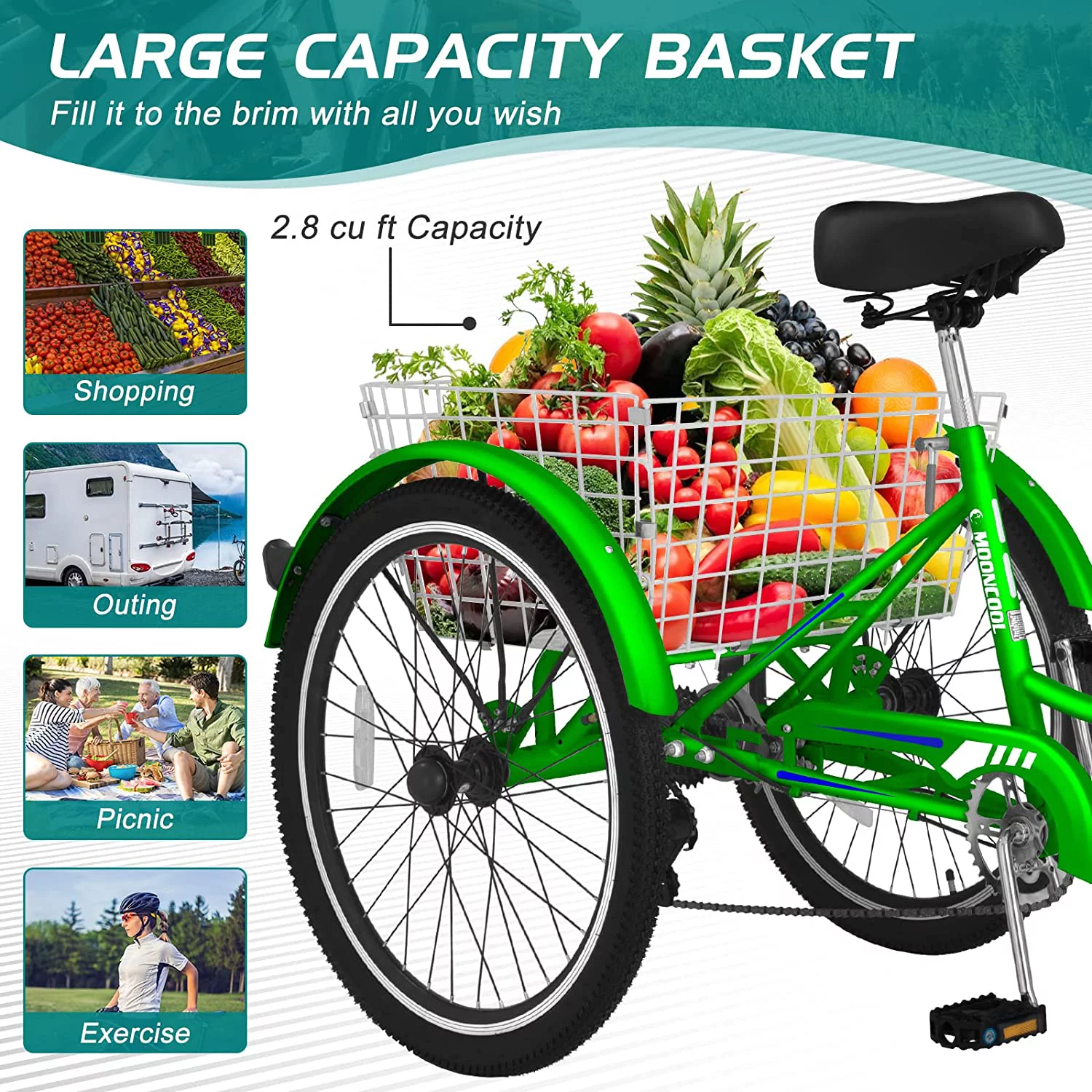Docred Adult Tricycle 7 Speed 24 Inch Three Wheel Bike Cruiser Trike for Men/Women/Seniors