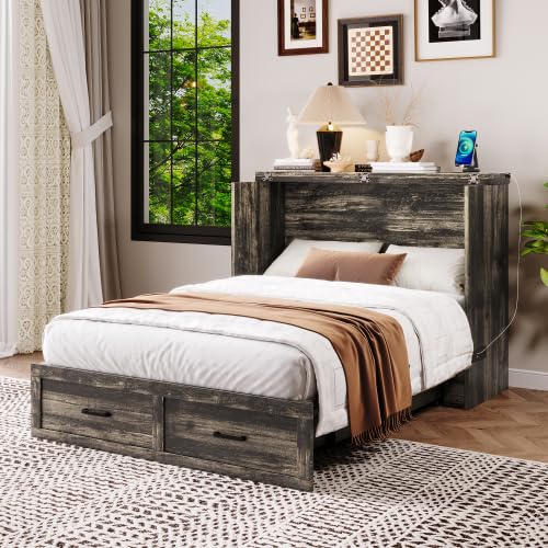 Queen Size Murphy Bed Cabinet with Charging Station, Farmhouse Murphy Bed with Large Storage Drawer, Foldable Wall Beds for Home Office, Small Room