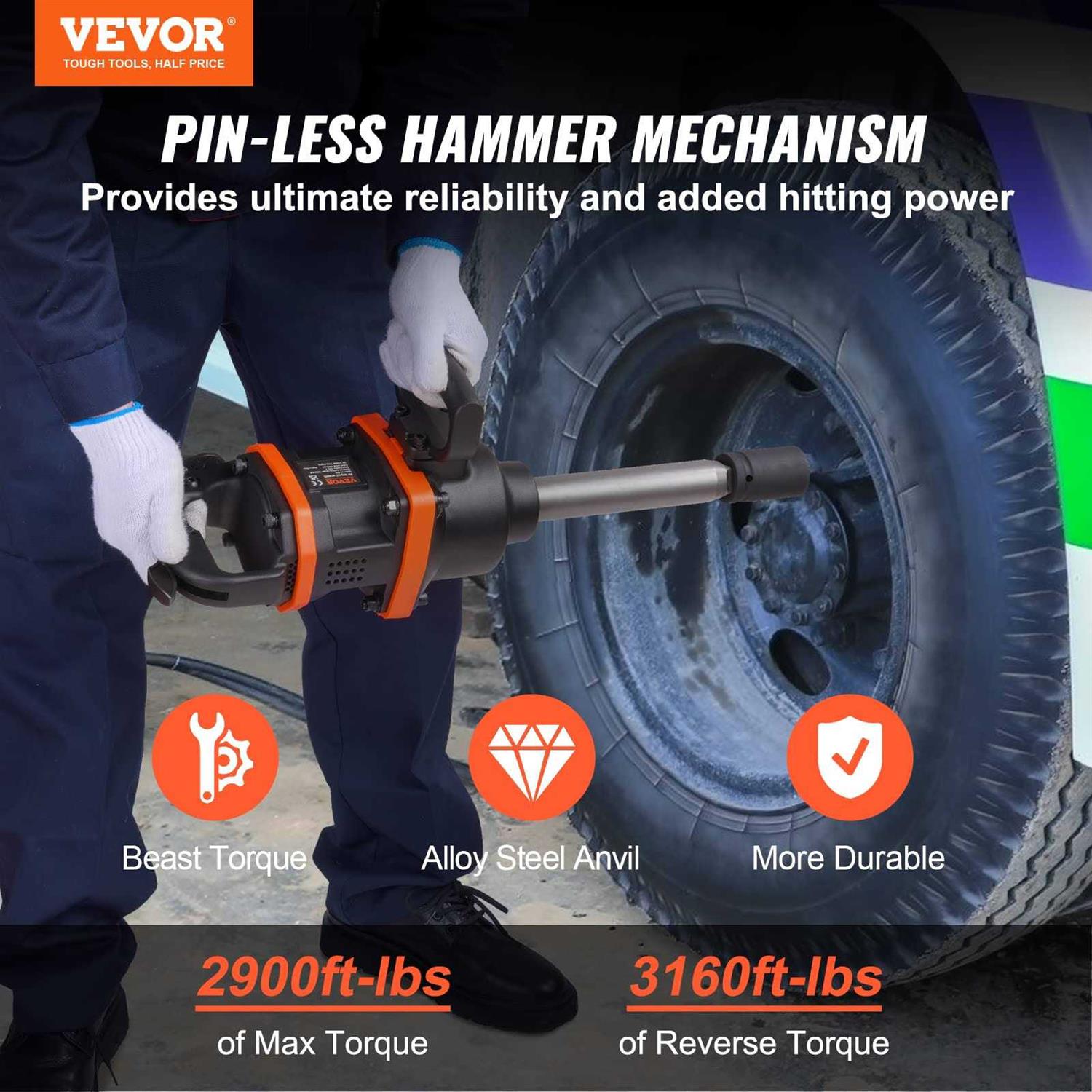 VEVOR 1 Inch Air Impact Wrench Up to 3160 ft-lbs High Reverse Torque Output 1 Pneumatic Impact Gun w/ 8 Inch Extended Anvil &amp; Carrying Case