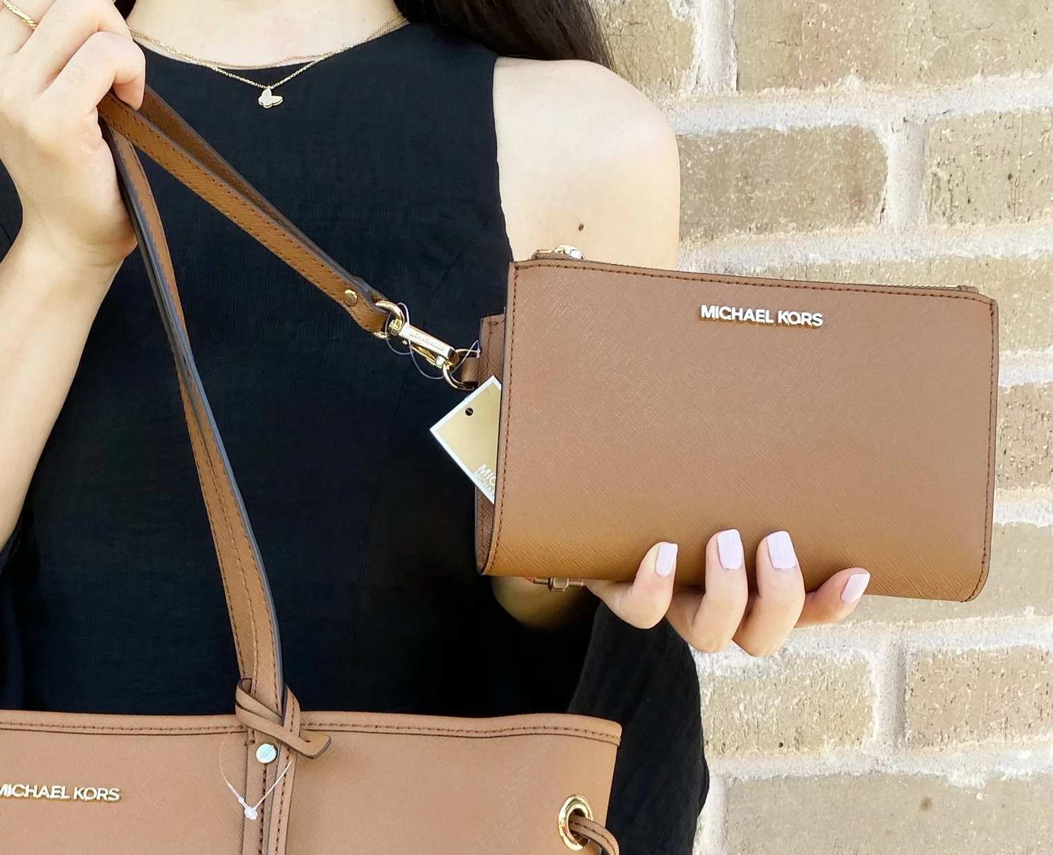 Michael Kors Jet Set Double Zip Wristlet Leather Phone Wallet Luggage Brown