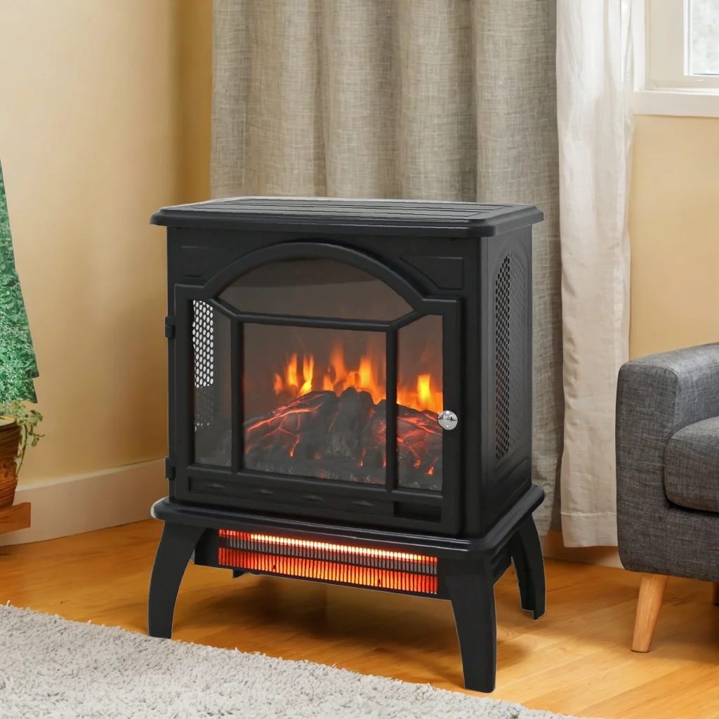 Efficient and Safe 3D Infrared Electric Stove 1500W Heater, 11 Temp Settings, Timer, and Realistic Flame Effect
