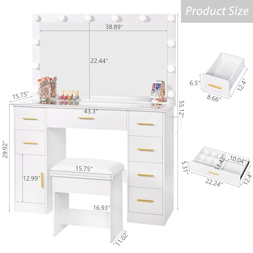 ANWBROAD Large Vanity Desk with Lighted Mirror White Makeup Vanity Set with Glass Top & Power Outlet & 7 Drawers Storage 3 Color Lighting Modes