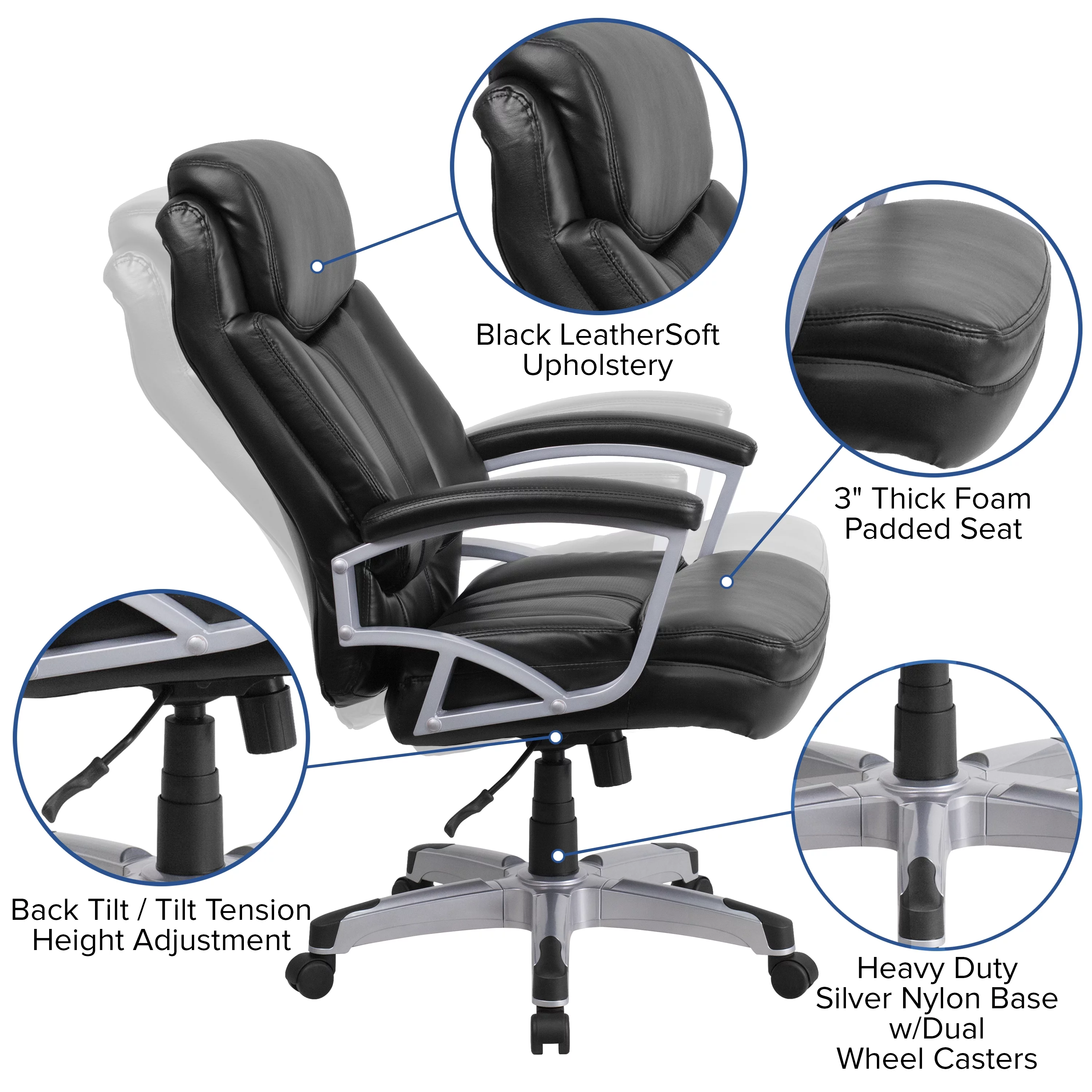 BizChair Big & Tall 500 lb. Rated Black LeatherSoft Executive Swivel Ergonomic Office Chair with Arms