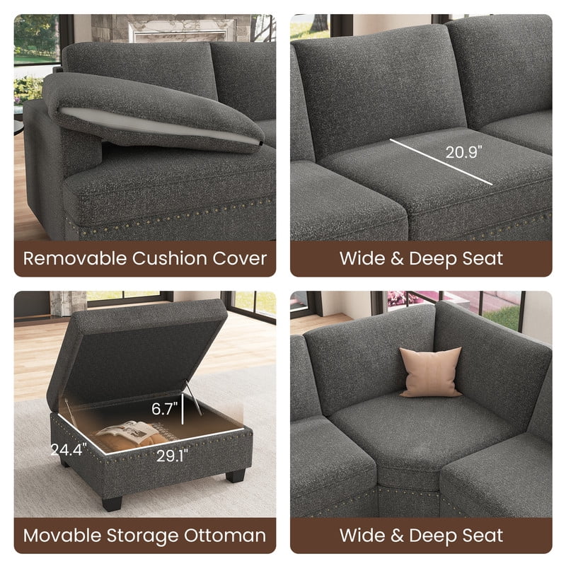 Nolany Modern Corner Modular Sectional Sofa with Movable Storage Ottoman for Living Room, Light Grey