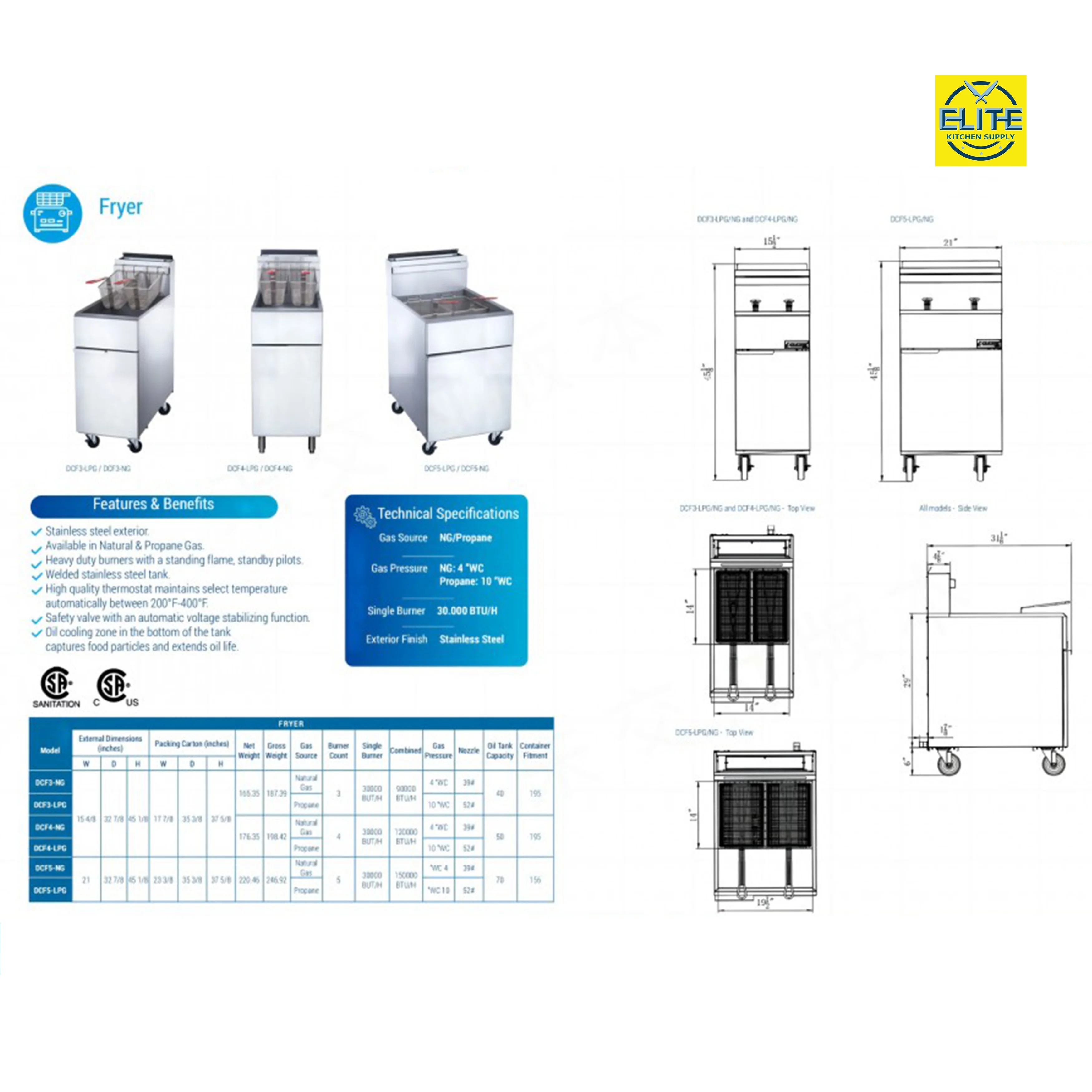 40 lbs Commercial Natural Gas Deep Fryer 90,000 BTU Dual Tanks 15.6''x30''x45.5''