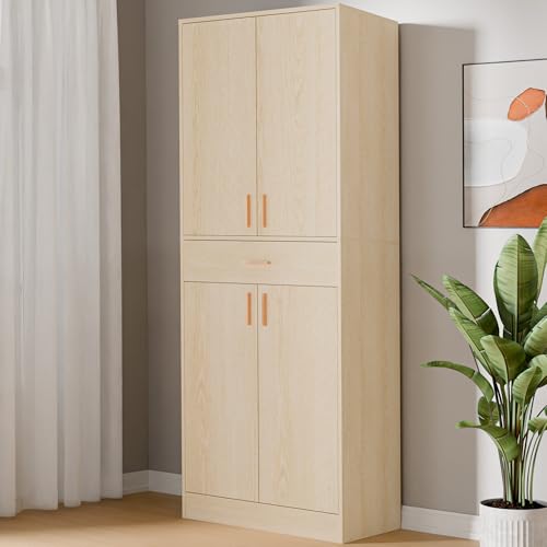 Cozy Castle Kitchen Pantry Storage Cabinet 71" Tall 4 Doors Wood Freestanding Cupboard with Sliding Drawer and 2 Adjustable Shelves for Dining Room